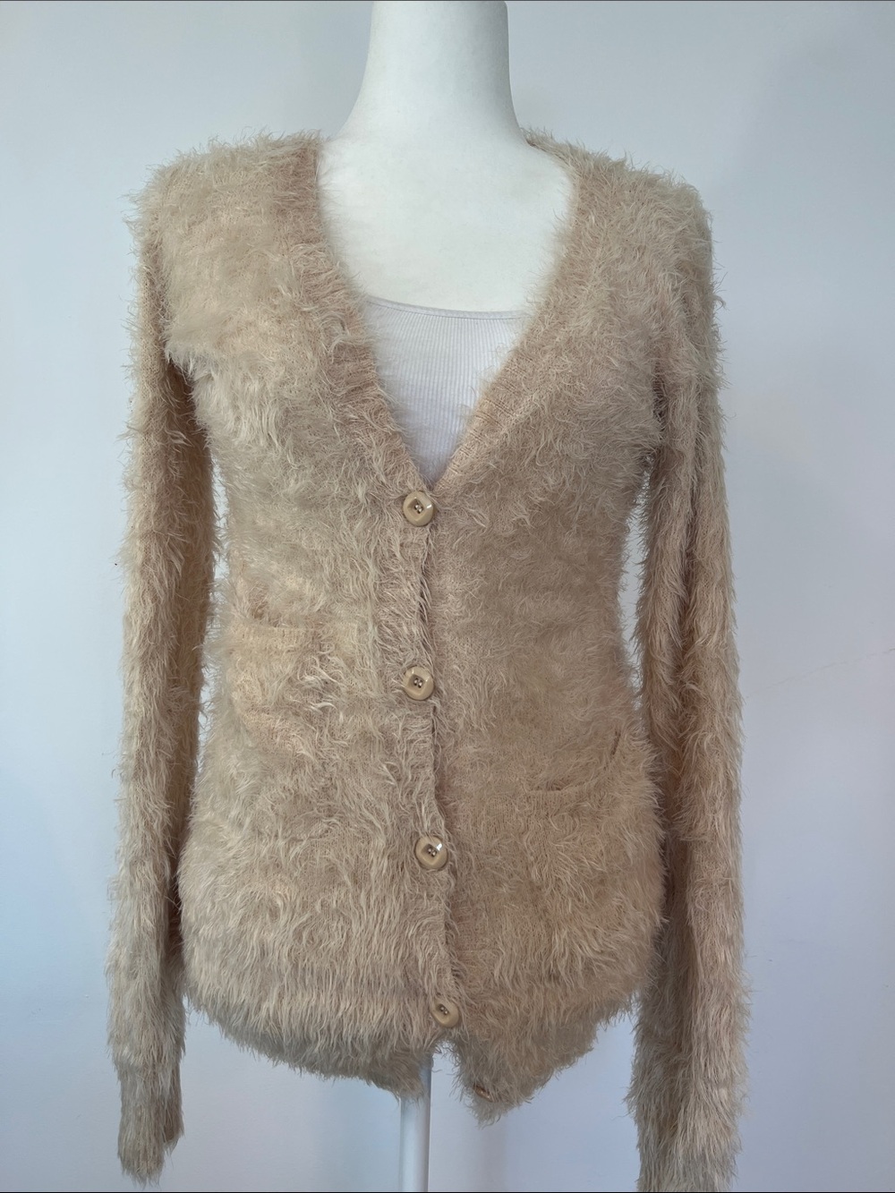 36Point5  Women’s Beige Fuzzy Button-Front Cardigan Sweater